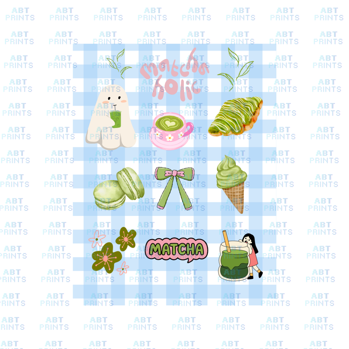 Gingham Matchaholic (DTF Transfer Design – Printable Digital File for T-Shirts & Apparel)
