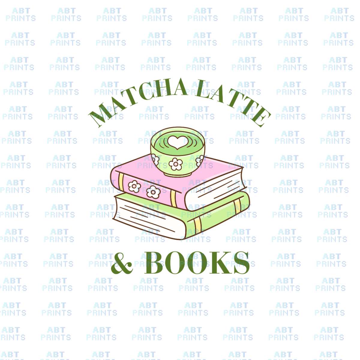 Matcha Latte and Books (DTF Transfer Design – Printable Digital File for T-Shirts & Apparel)
