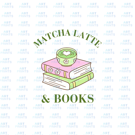 Matcha Latte and Books (DTF Transfer Design – Printable Digital File for T-Shirts & Apparel)
